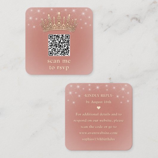 Rose Gold Crown Quinceañera Scan Me QR Code RSVP エンクロージャーカード (正面/裏面)