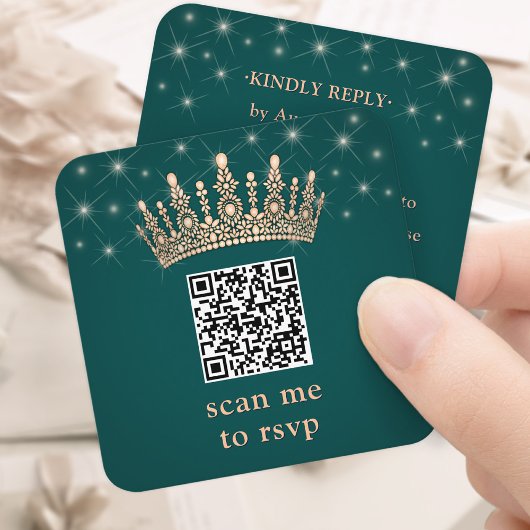 Rose Gold Crown Scan Me Quinceañera QR RSVP Green エンクロージャーカード