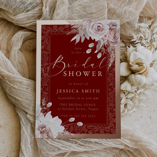 Rose Gold, Deep Red & Blush Floral Bridal Shower 箔招待状