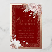 Rose Gold, Deep Red & Blush Floral Bridal Shower 箔招待状 (正面)
