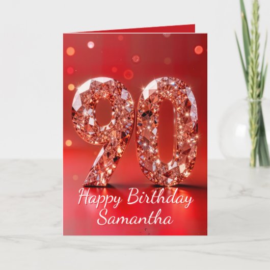 Rose Gold Diamond 90th Birthday Red Sparkle カード (正面)