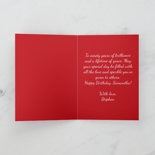 Rose Gold Diamond 90th Birthday Red Sparkle カード (内部)