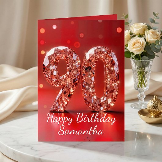 Rose Gold Diamond 90th Birthday Red Sparkle カード