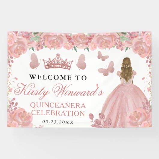 Rose Gold Dress Blonde Princess Quinceanera 横断幕 (横)