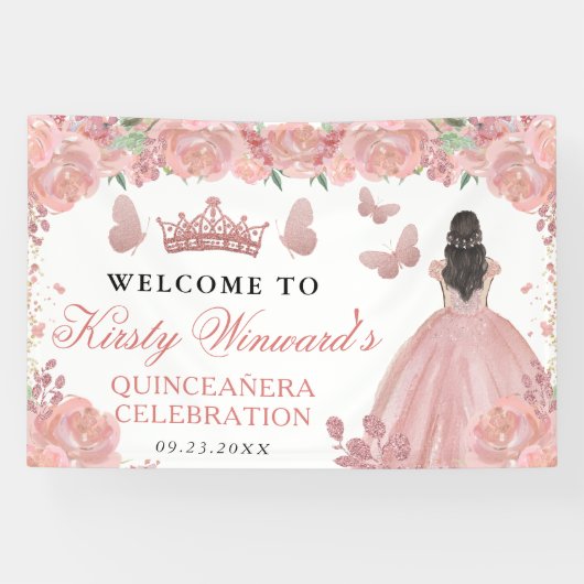 Rose Gold Dress Brunette Princess Quinceanera 横断幕 (横)