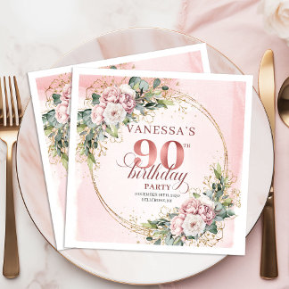 Rose Gold Dusty Pink Boho Floral 90th Birthday  スタンダードカクテルナプキン