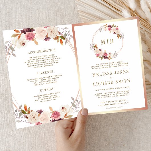 Rose Gold Dusty Pink Floral QR Code Wedding 招待状