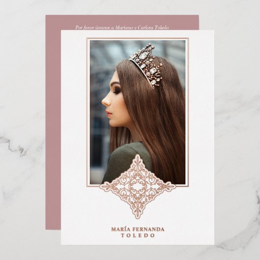 Rose Gold Encaje Español Real Metálico Mis Quince 箔招待状 (正面/裏面)