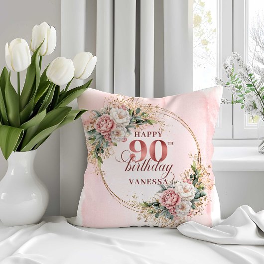 Rose Gold Eucalyptus Floral 90th Birthday Pillow クッション