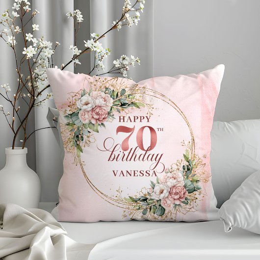 Rose Gold Eucalyptus Floral Pillow 70th Birthday  クッション
