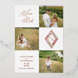 Rose Gold Fancy Modern Collage 3 Photos Wedding 箔招待状