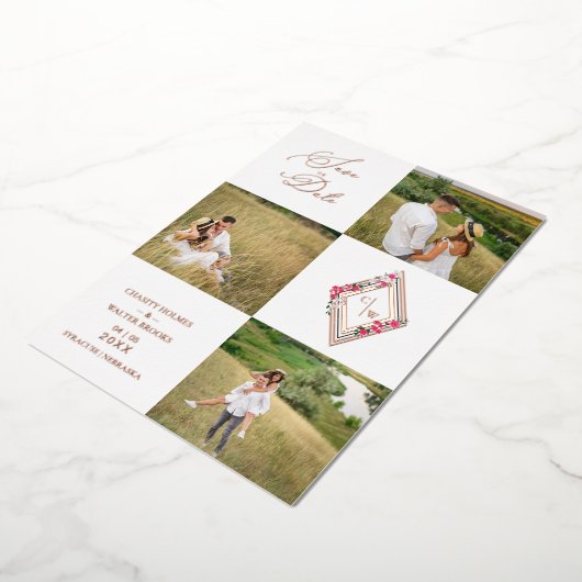 Rose Gold Fancy Modern Collage 3 Photos Wedding 箔招待状 (回転した状態)