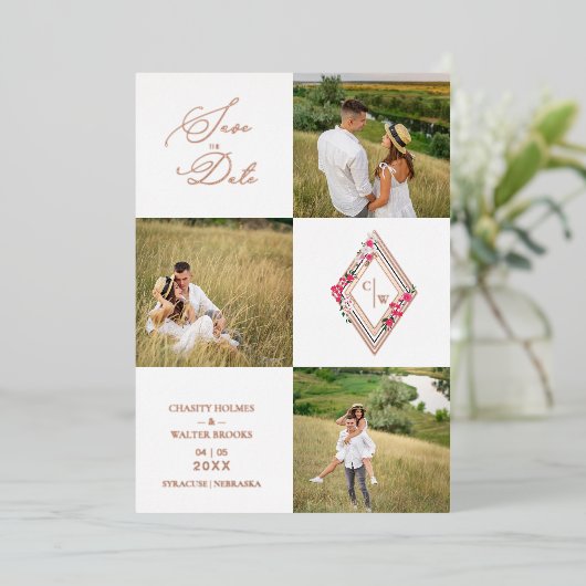Rose Gold Fancy Modern Collage 3 Photos Wedding 箔招待状 (立ち正面)