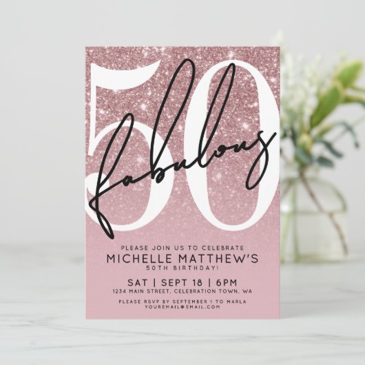 Rose Gold Fifty Fabulous 50th Birthday 招待状 (スタンド正面)