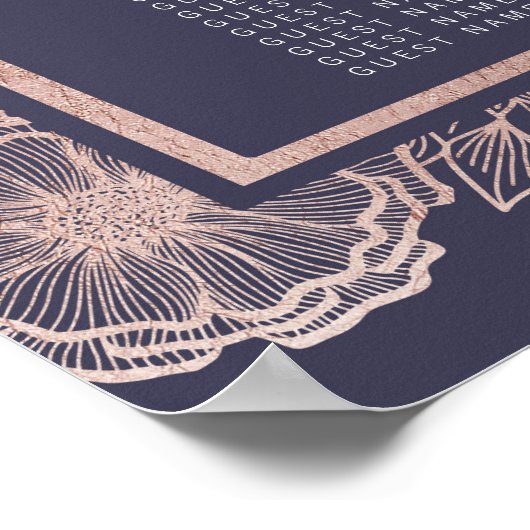 Rose Gold Floral and Navy Blue Seating Chart ポスター (角)