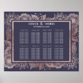 Rose Gold Floral and Navy Blue Seating Chart ポスター (正面)