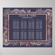Rose Gold Floral and Navy Blue Seating Chart