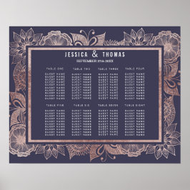 Rose Gold Floral and Navy Blue Seating Chart ポスター