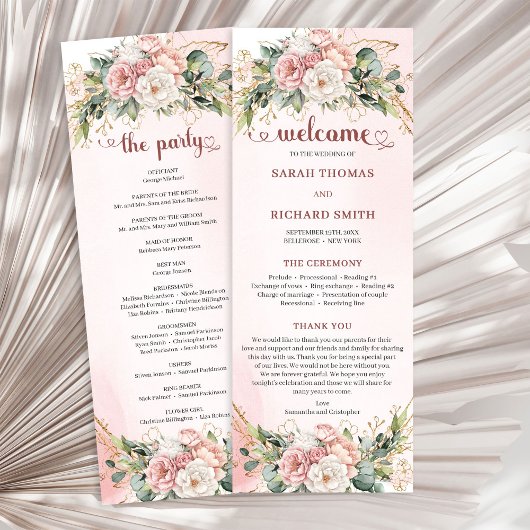 Rose Gold Floral Eucalyptus Elegant Wedding Agenda プログラム