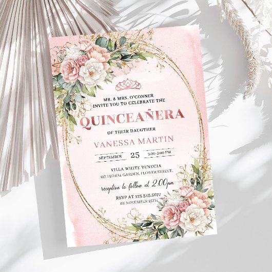 Rose Gold Floral Eucalyptus Quinceañera Invitation 招待状