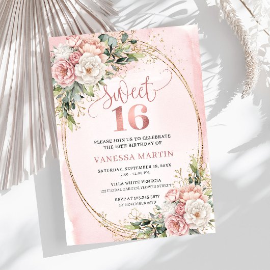 Rose Gold Floral Eucalyptus Sweet Sixteen Invite 招待状