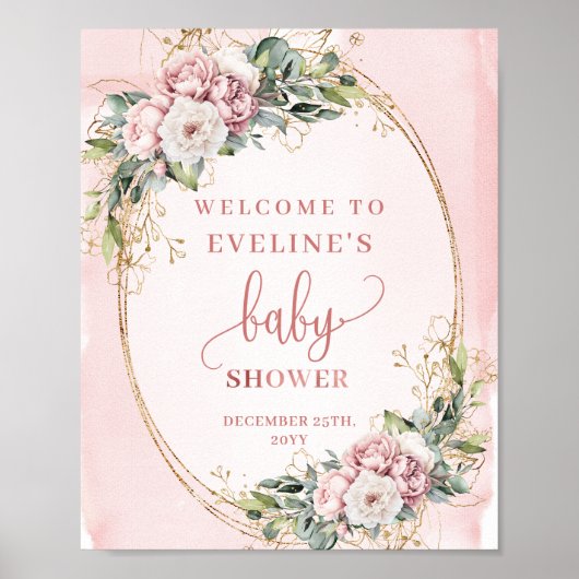 Rose Gold Floral Eucalyptus Welcome Baby Shower  ポスター (正面)
