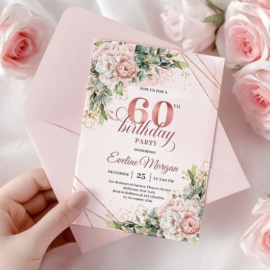 Rose Gold Floral Gold Frame 60th Birthday Invite 招待状