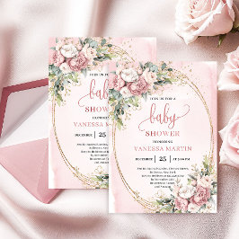 Rose Gold Floral Greenery Baby Girl Shower Invite 招待状