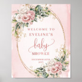 Rose Gold Floral Greenery Welcome Baby Shower Sign ポスター (正面)