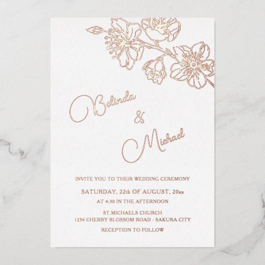 Rose Gold Floral Line Art | Photo Wedding 箔招待状 (正面)