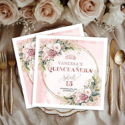 Rose Gold Floral Napkins for Sweet 15 Celebration スタンダードカクテルナプキン