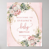Rose Gold Floral Welcome Baby Shower Tabletop Sign ポスター (正面)