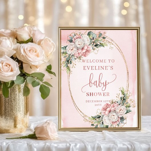 Rose Gold Floral Welcome Baby Shower Tabletop Sign ポスター