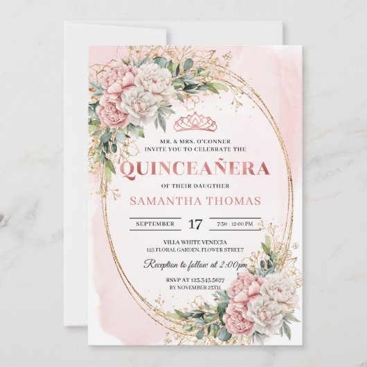 Rose Gold Flowers Greenery Quince Invitation 招待状 (正面)