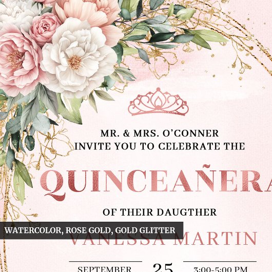 Rose Gold Flowers Greenery Quince Invitation 招待状