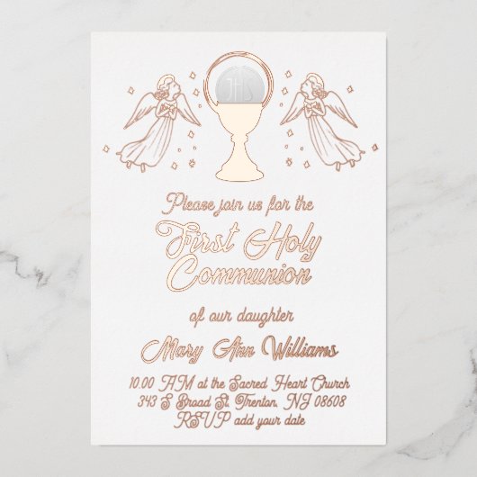 rose gold foil angels  First Communion 箔招待状 (正面)