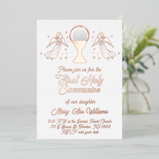 rose gold foil angels  First Communion 箔招待状 (立ち正面)