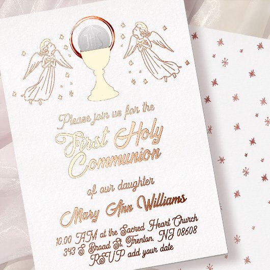 rose gold foil angels  First Communion 箔招待状