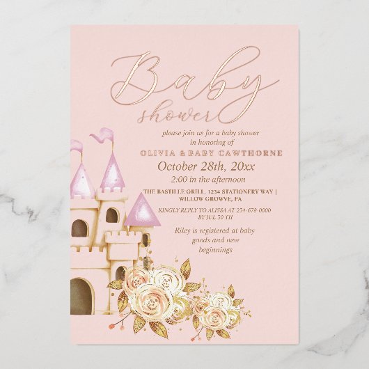 Rose Gold Foil & Blush Pink Princess Baby Shower 箔招待状 (正面)
