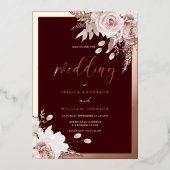 Rose Gold Foil Burgundy Blush Floral Wedding 箔招待状 (正面)