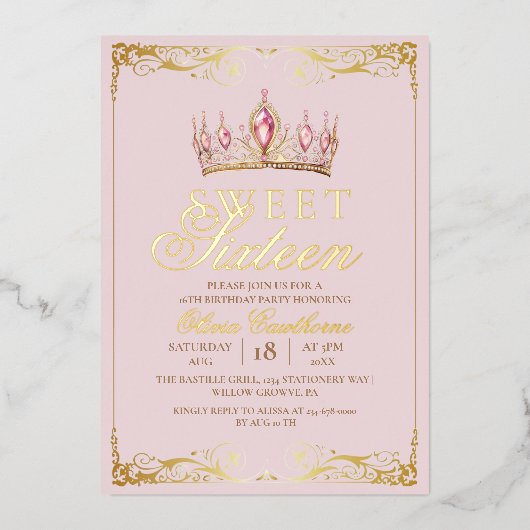  Rose Gold Foil Sweet 16 Elegant Birthday 箔招待状 (正面)