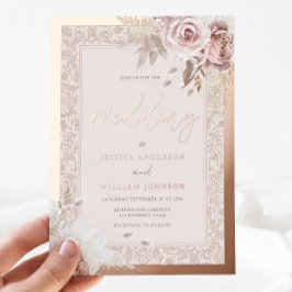 Rose Gold Foil Vintage Border Blush Floral Wedding 箔招待状