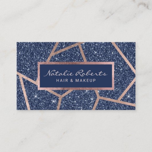 Rose Gold Geometric Navy Blue Glitter Beauty Salon 名刺 (正面)