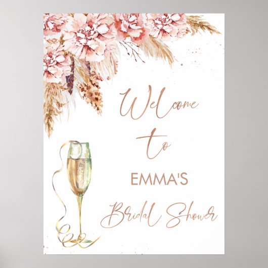 Rose Gold Glass Floral Bridal Shower Welcome Sign ポスター (正面)