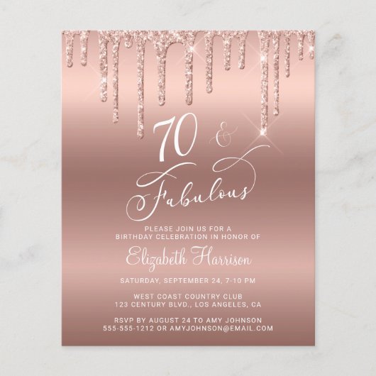 Rose Gold Glitter 70th Birthday Budget Invitation (正面)
