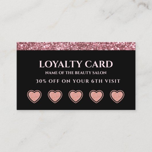 Rose Gold Glitter Beauty Salon Loyalty Card 名刺 (正面)