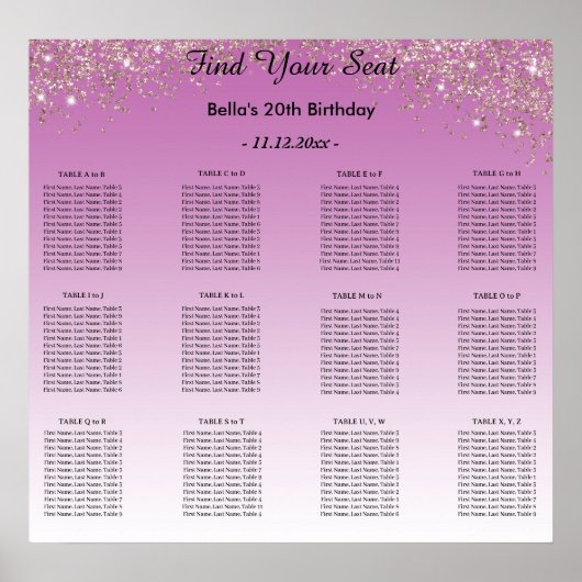 Rose Gold Glitter Birthday Alphabetic Seating Plan ポスター (正面)