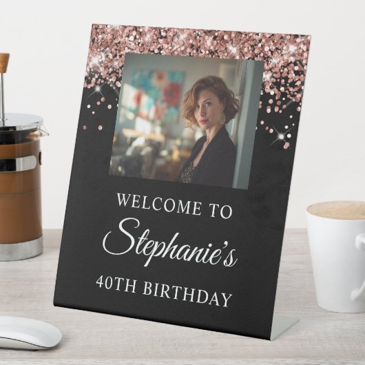 Rose Gold Glitter Black Photo 40th Birthday 台座サイン (インサイチュ)