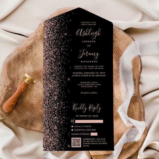 Rose Gold Glitter Black QR Code Wedding オールインワン招待状
