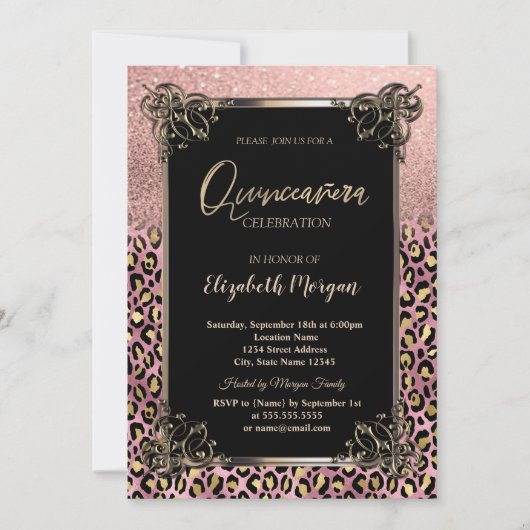 Rose Gold Glitter Border Leopard Quinceañera 招待状 (正面)